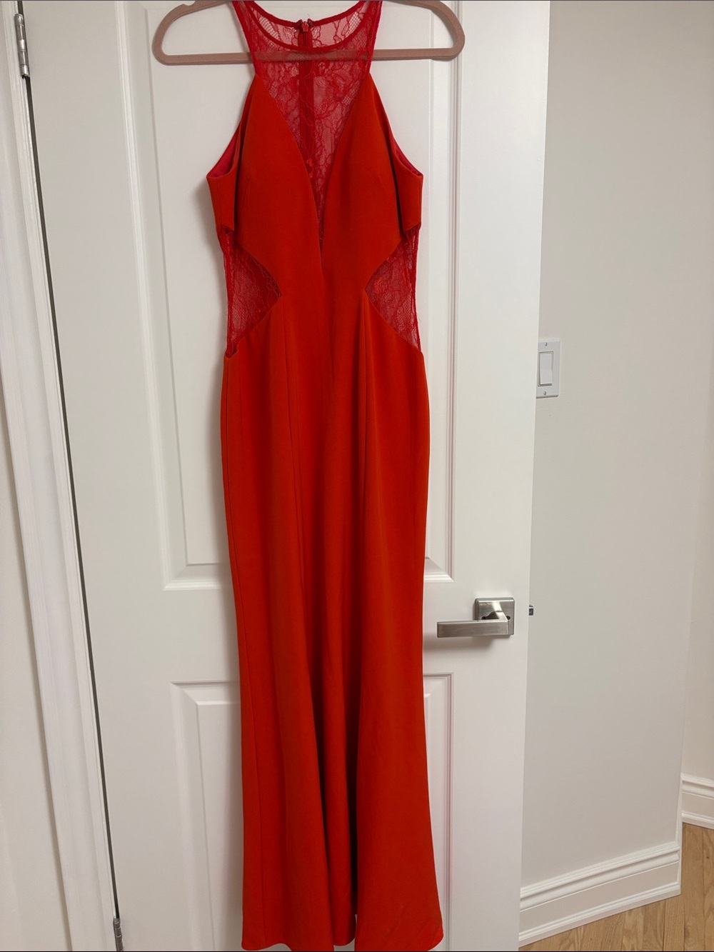 Aidan Mattox Red Lace-Panel Sleeveless Evening Gown